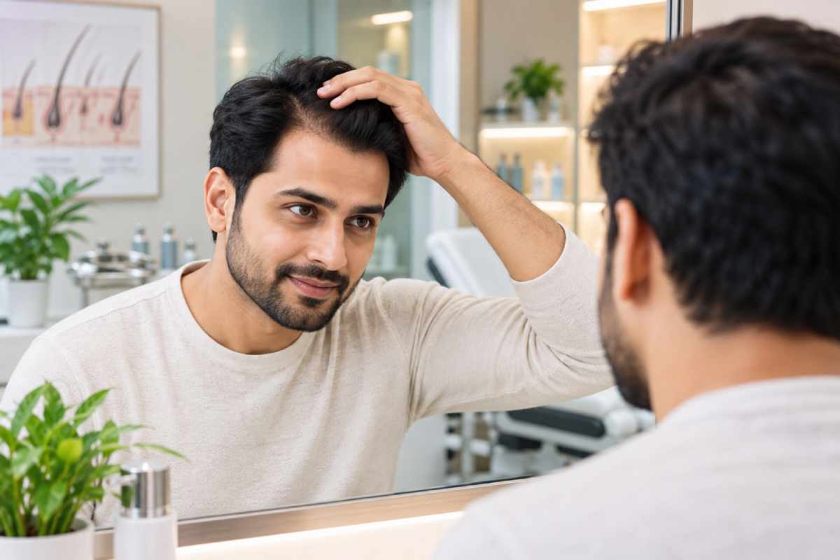 Examining His Hairline in the Mirror